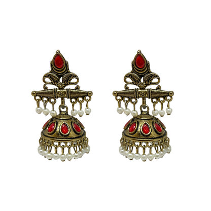Traditional Antique Gold-Plated Jhumka Earrings for Women & Girls, Red Stone