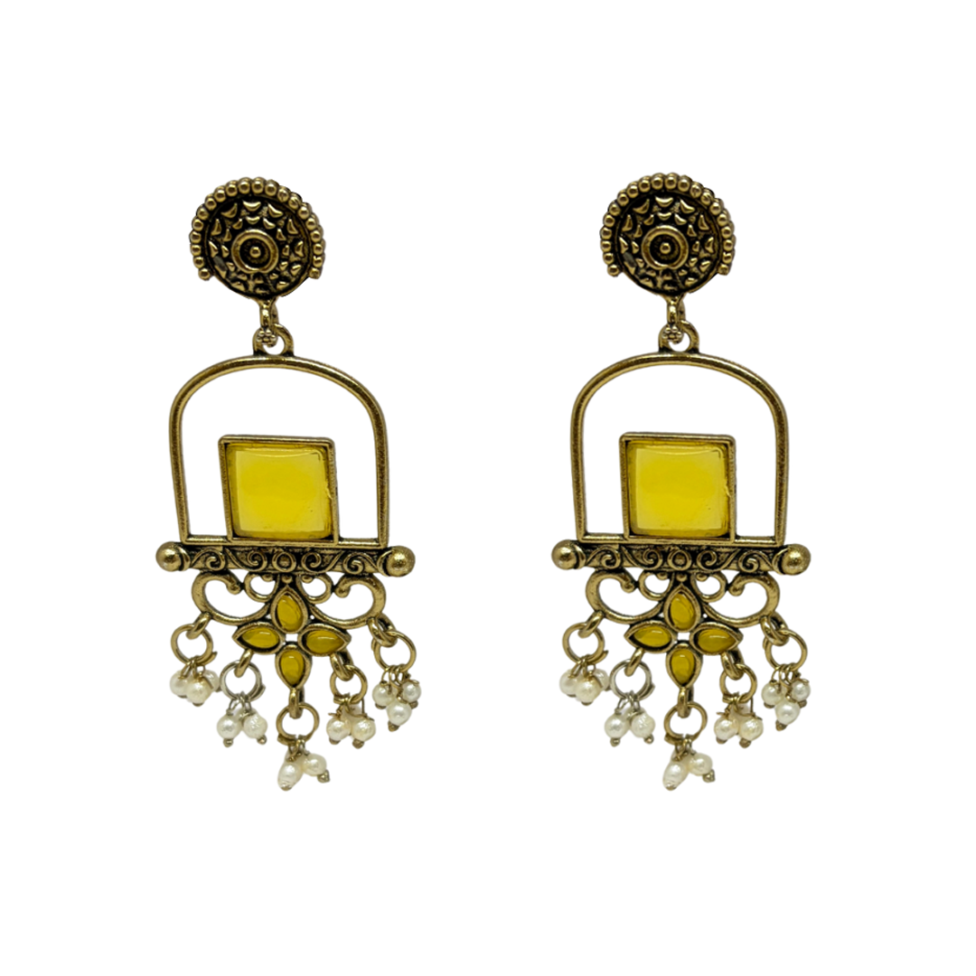 Traditional Yellow Stone Dangler Earrings with round top for Women