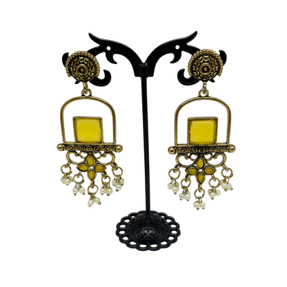 Traditional Yellow Stone Dangler Earrings with round top for Women