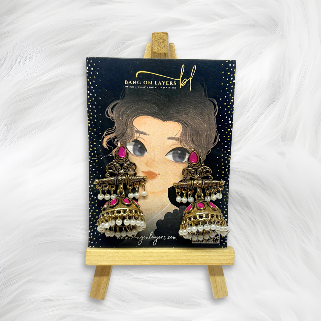 Traditional Antique Gold-Plated Jhumka Earrings for Women & Girls Pink Stone
