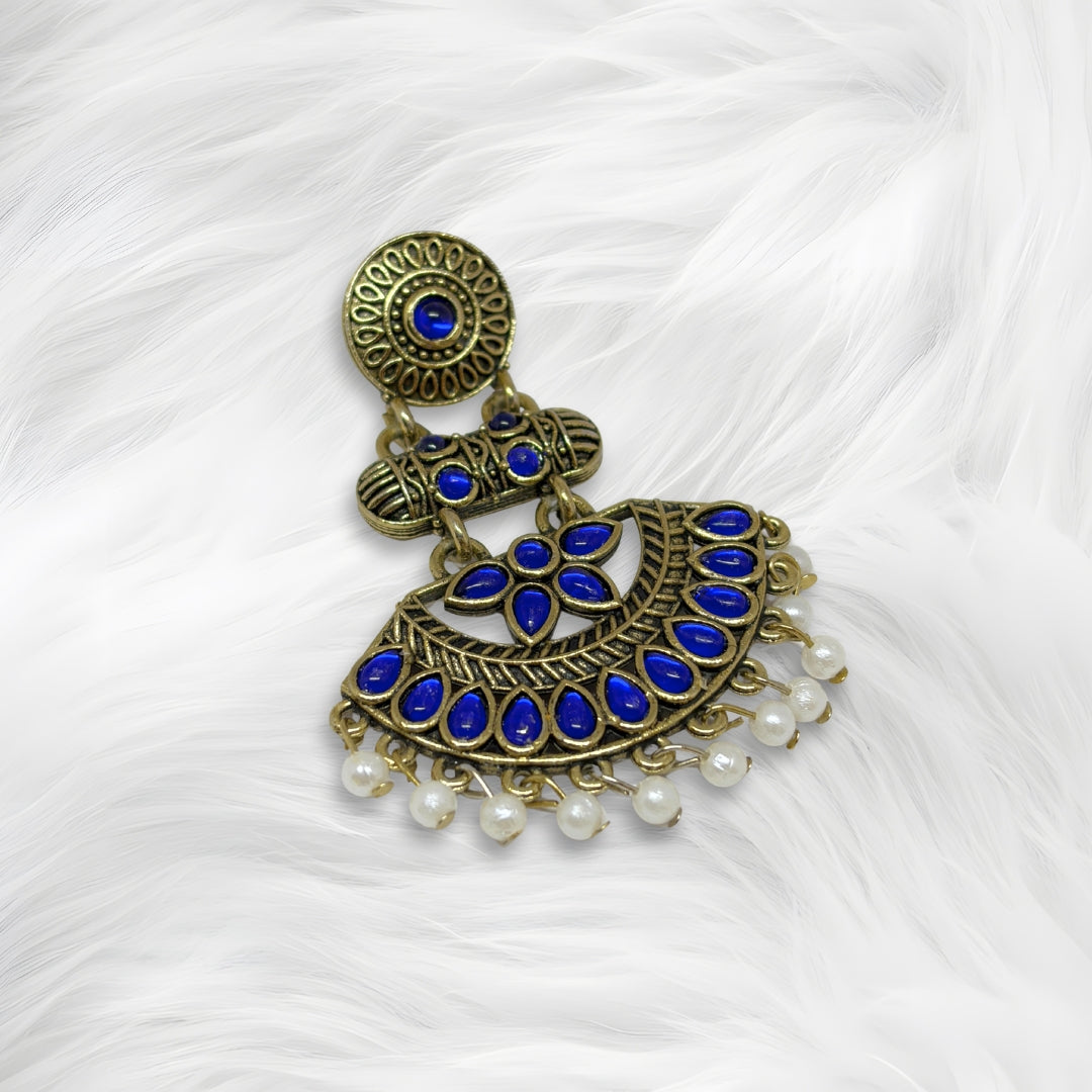 Antique Gold Blue Stone Dangler Earrings for Women – Ethnic Traditional Earrings with Pearl Drops for Party & Wedding