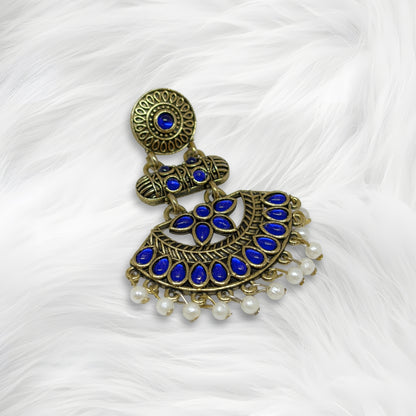 Antique Gold Blue Stone Dangler Earrings for Women – Ethnic Traditional Earrings with Pearl Drops for Party & Wedding