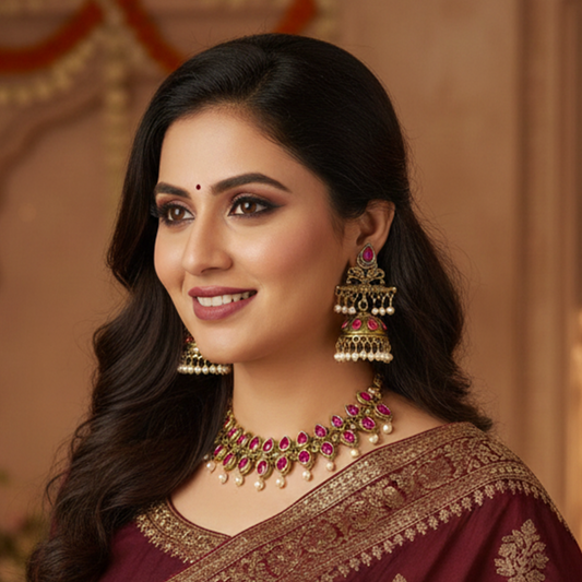 Traditional Antique Gold-Plated Jhumka Earrings for Women & Girls Pink Stone