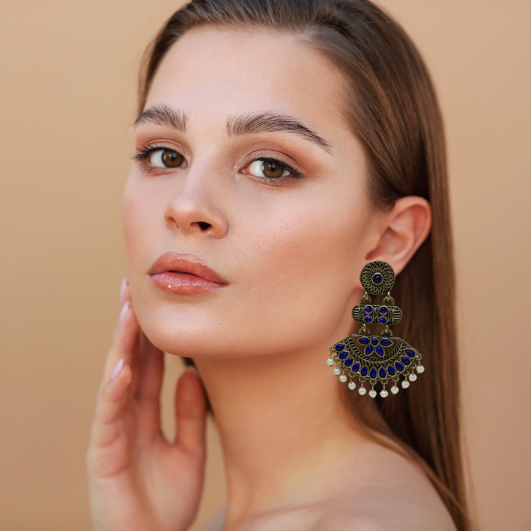 Antique Gold Blue Stone Dangler Earrings for Women – Ethnic Traditional Earrings with Pearl Drops for Party & Wedding