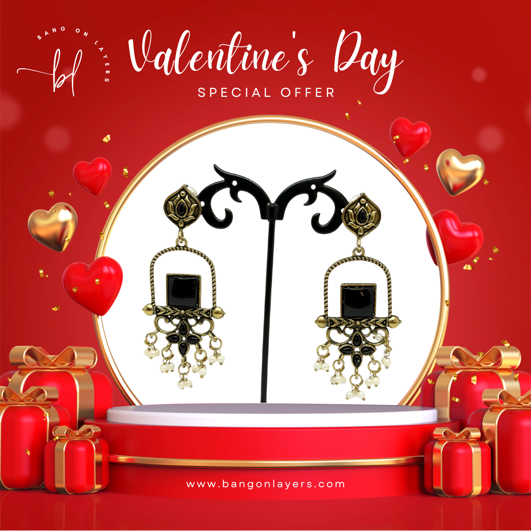 Traditional Black Stone Dangler Earrings for Women – Antique Gold Finish Ethnic Earrings with Pearl Beads for Festive & Wedding