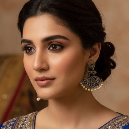 Antique Gold Blue Stone Dangler Earrings for Women – Ethnic Traditional Earrings with Pearl Drops for Party & Wedding