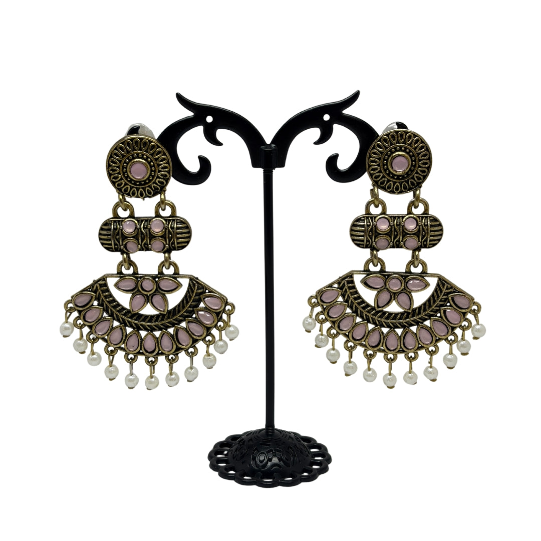 Antique Gold Baby Pink Stone Dangler Earrings for Women – Ethnic Traditional Earrings with Pearl Drops for Party & Wedding