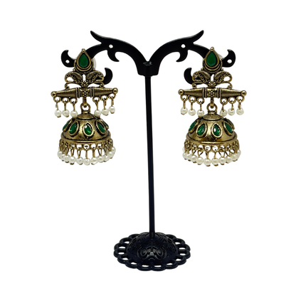 Traditional Antique Gold-Plated Jhumka Earrings for Women & Girls, Green Stone