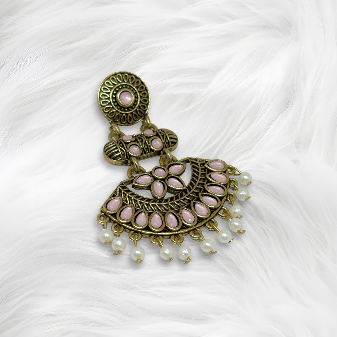 Antique Gold Baby Pink Stone Dangler Earrings for Women – Ethnic Traditional Earrings with Pearl Drops for Party & Wedding