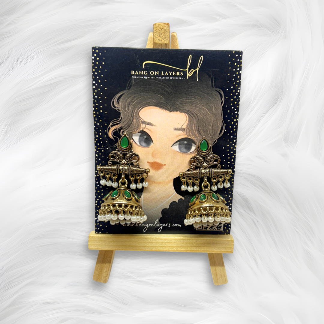 Traditional Antique Gold-Plated Jhumka Earrings for Women & Girls, Green Stone