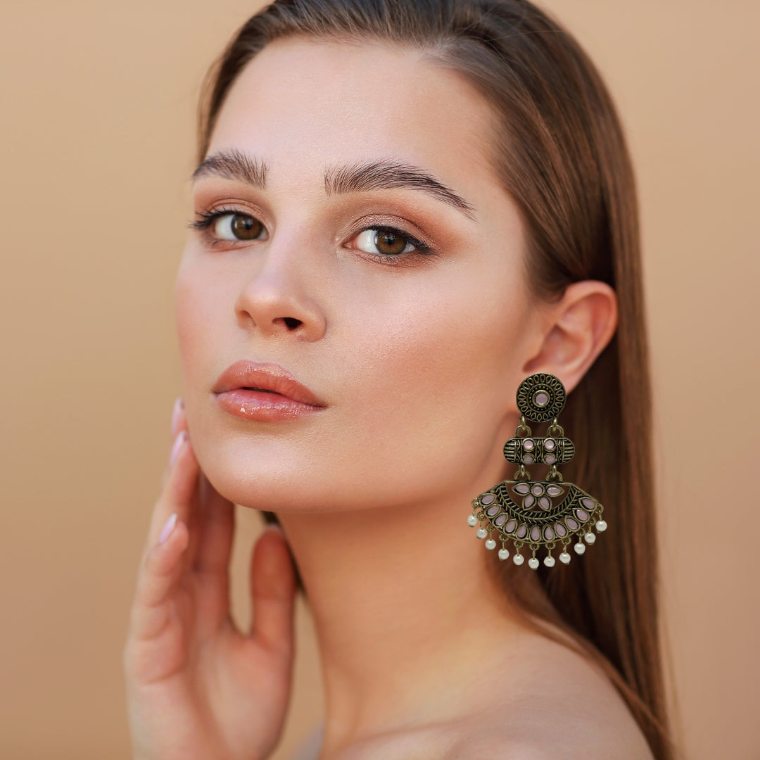 Antique Gold Baby Pink Stone Dangler Earrings for Women – Ethnic Traditional Earrings with Pearl Drops for Party & Wedding