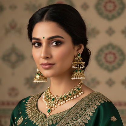 Traditional Antique Gold-Plated Jhumka Earrings for Women & Girls, Green Stone