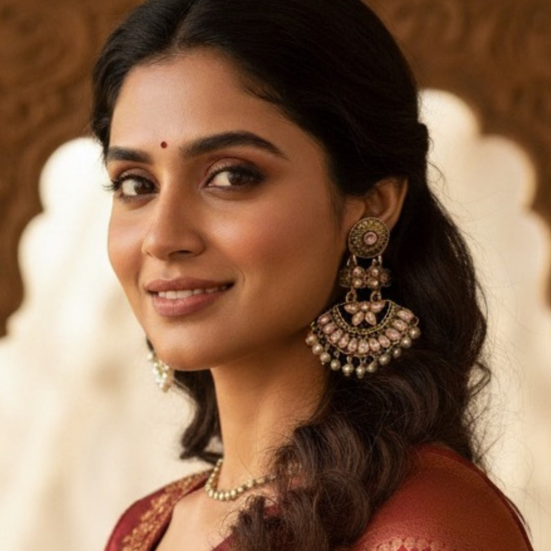 Antique Gold Baby Pink Stone Dangler Earrings for Women – Ethnic Traditional Earrings with Pearl Drops for Party & Wedding