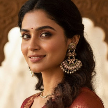 Antique Gold Baby Pink Stone Dangler Earrings for Women – Ethnic Traditional Earrings with Pearl Drops for Party & Wedding