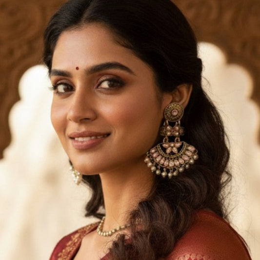 Antique Gold Baby Pink Stone Dangler Earrings for Women – Ethnic Traditional Earrings with Pearl Drops for Party & Wedding