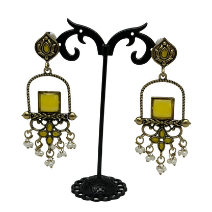 Traditional Yellow Stone Dangler Earrings for Women – Antique Gold Finish Ethnic Earrings with Pearl Beads for Festive & Wedding