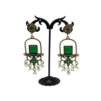 Traditional Green Stone Dangler Earrings for Women – Antique Gold Finish Ethnic Earrings with Pearl Beads for Festive & Wedding