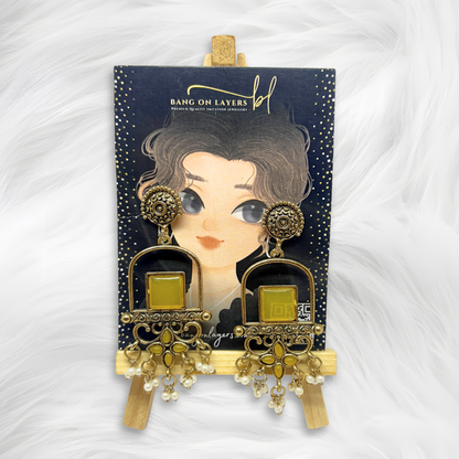 Traditional Yellow Stone Dangler Earrings with round top for Women