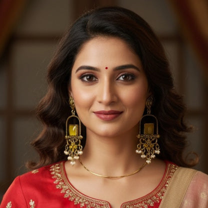 Traditional Yellow Stone Dangler Earrings for Women – Antique Gold Finish Ethnic Earrings with Pearl Beads for Festive & Wedding