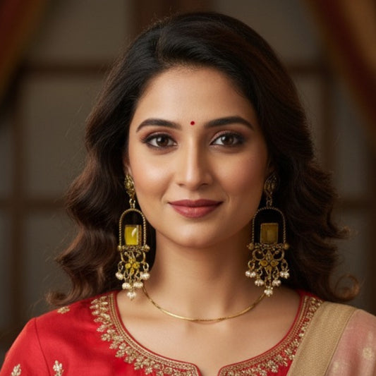 Traditional Yellow Stone Dangler Earrings for Women – Antique Gold Finish Ethnic Earrings with Pearl Beads for Festive & Wedding