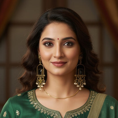 Traditional Black Stone Dangler Earrings for Women – Antique Gold Finish Ethnic Earrings with Pearl Beads for Festive & Wedding