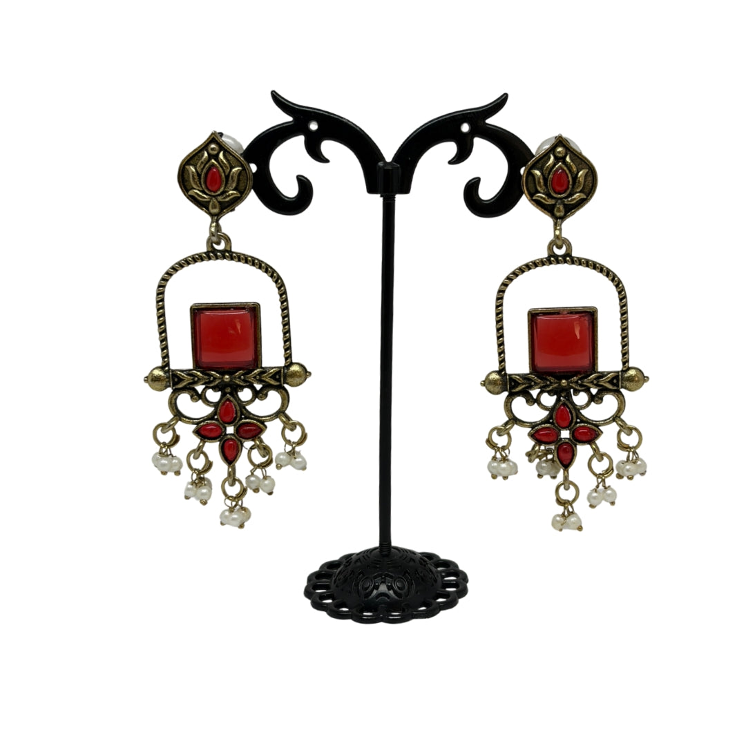 Antique Gold Red Stone Dangler Earrings for Women with Pearl Drops – Traditional Wedding & Party Earings