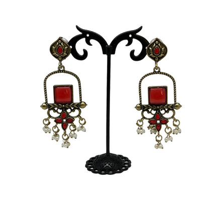 Antique Gold Red Stone Dangler Earrings for Women with Pearl Drops – Traditional Wedding & Party Earings