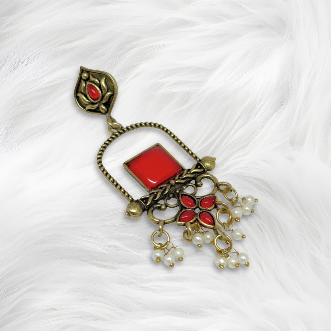 Antique Gold Red Stone Dangler Earrings for Women with Pearl Drops – Traditional Wedding & Party Earings