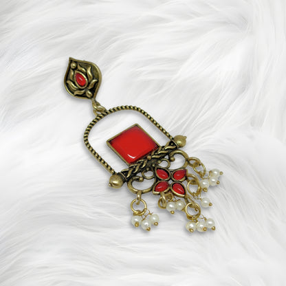 Antique Gold Red Stone Dangler Earrings for Women with Pearl Drops – Traditional Wedding & Party Earings