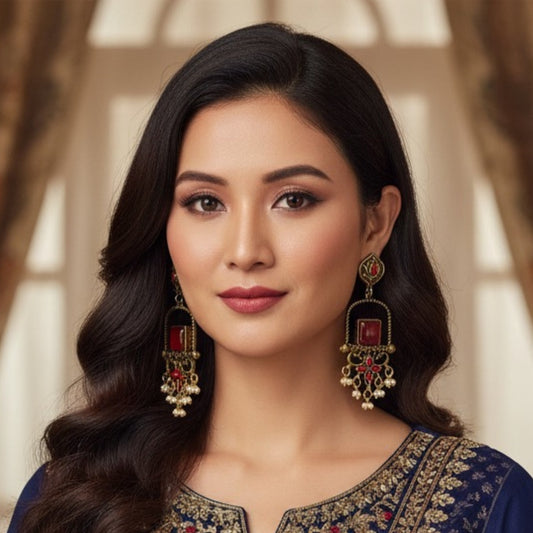 Antique Gold Red Stone Dangler Earrings for Women with Pearl Drops – Traditional Wedding & Party Earings