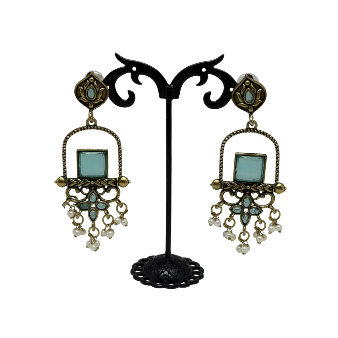 Traditional Sea Green Stone Dangler Earrings for Women – Antique Gold Finish Ethnic Earrings with Pearl Beads for Festive & Wedding