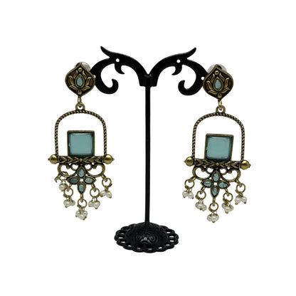 Traditional Sea Green Stone Dangler Earrings for Women – Antique Gold Finish Ethnic Earrings with Pearl Beads for Festive & Wedding