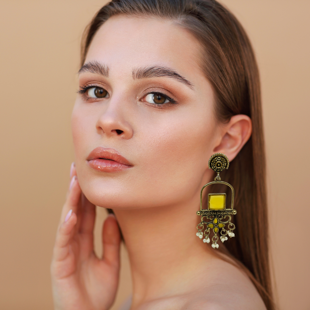 Traditional Yellow Stone Dangler Earrings with round top for Women