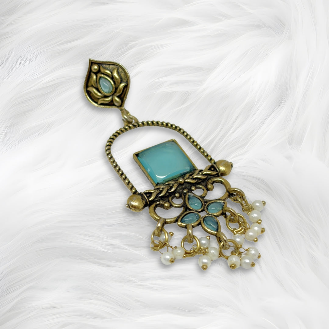 Traditional Sea Green Stone Dangler Earrings for Women – Antique Gold Finish Ethnic Earrings with Pearl Beads for Festive & Wedding