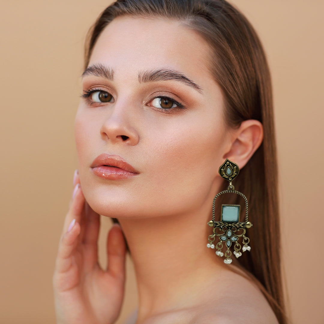 Traditional Sea Green Stone Dangler Earrings for Women – Antique Gold Finish Ethnic Earrings with Pearl Beads for Festive & Wedding