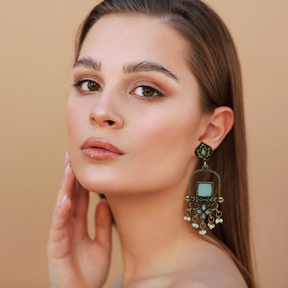 Traditional Sea Green Stone Dangler Earrings for Women – Antique Gold Finish Ethnic Earrings with Pearl Beads for Festive & Wedding