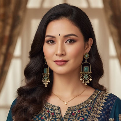 Traditional Sea Green Stone Dangler Earrings for Women – Antique Gold Finish Ethnic Earrings with Pearl Beads for Festive & Wedding