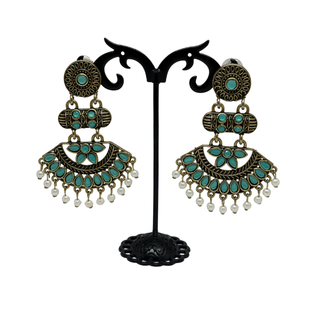 Traditional Sea Green Stone Dangler Earrings for Women – Antique Gold Finish with Pearl Beads for Festive & Wedding Earings