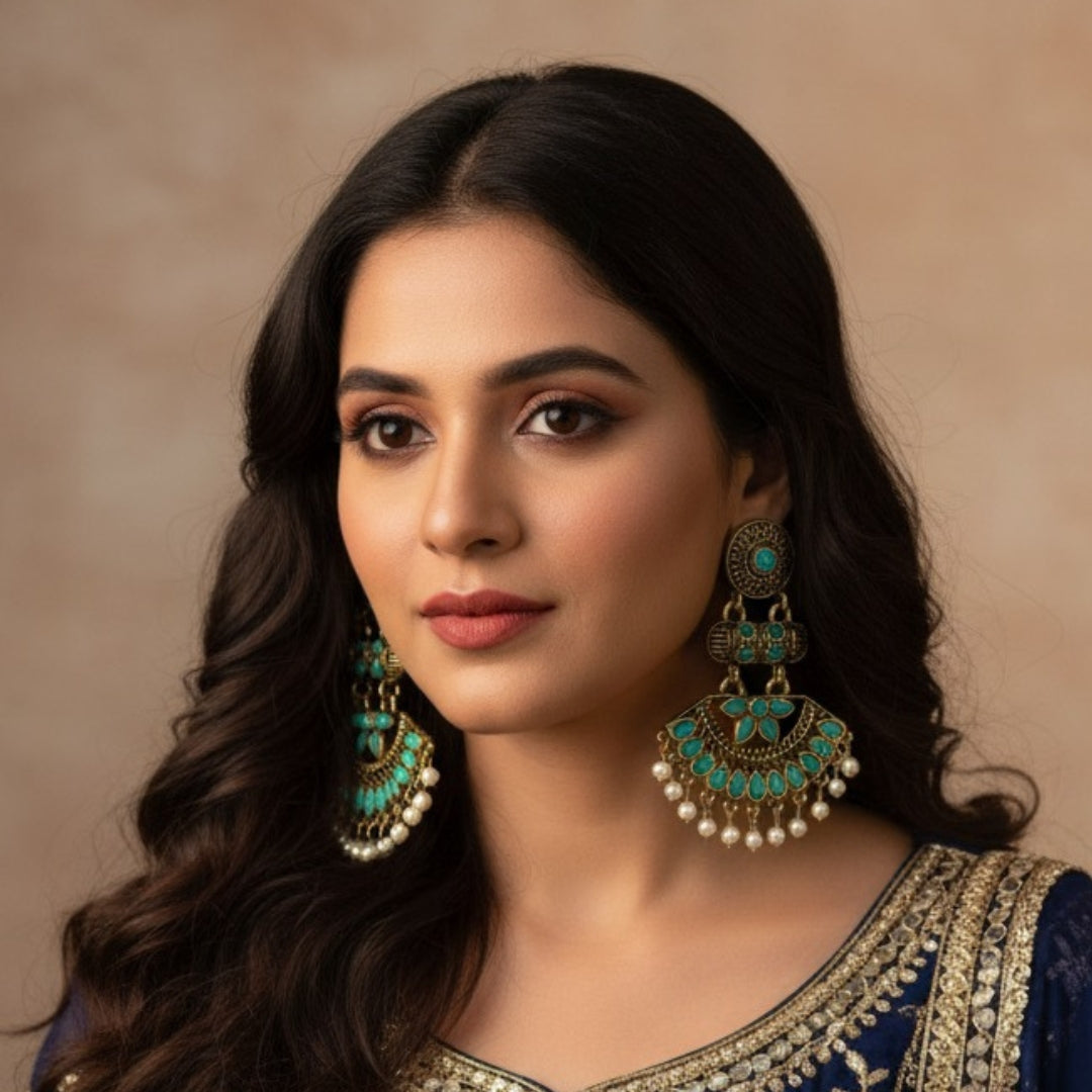 Traditional Sea Green Stone Dangler Earrings for Women – Antique Gold Finish with Pearl Beads for Festive & Wedding Earings