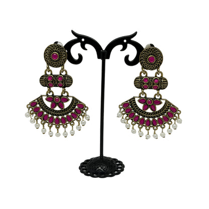 Antique Gold Finish Pink Stone Dangler Earrings with Pearl Drops – Ideal for Party & Wedding