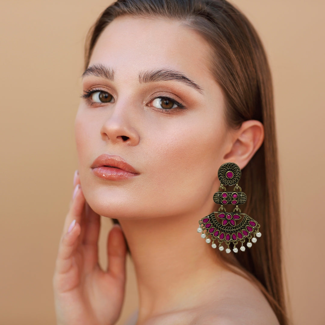 Antique Gold Finish Pink Stone Dangler Earrings with Pearl Drops – Ideal for Party & Wedding