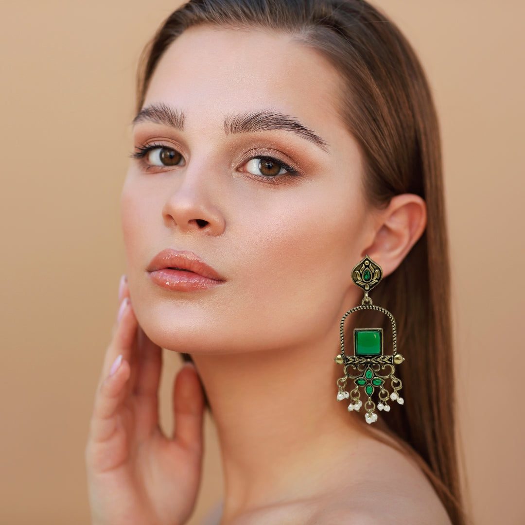 Traditional Green Stone Dangler Earrings for Women – Antique Gold Finish Ethnic Earrings with Pearl Beads for Festive & Wedding