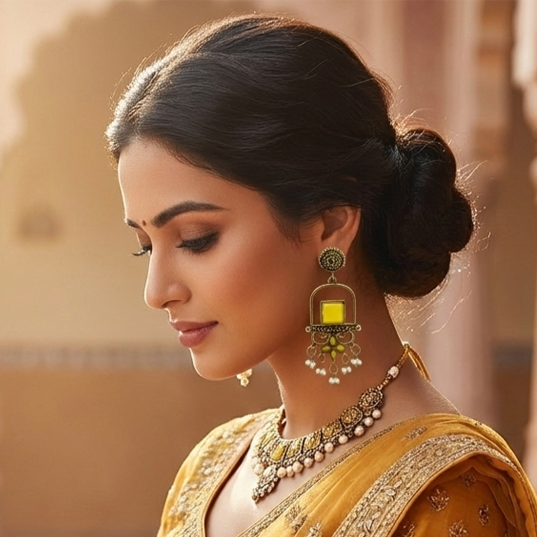 Traditional Yellow Stone Dangler Earrings with round top for Women