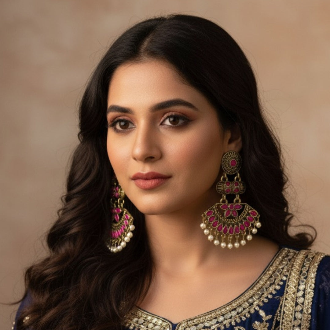 Antique Gold Finish Pink Stone Dangler Earrings with Pearl Drops – Ideal for Party & Wedding