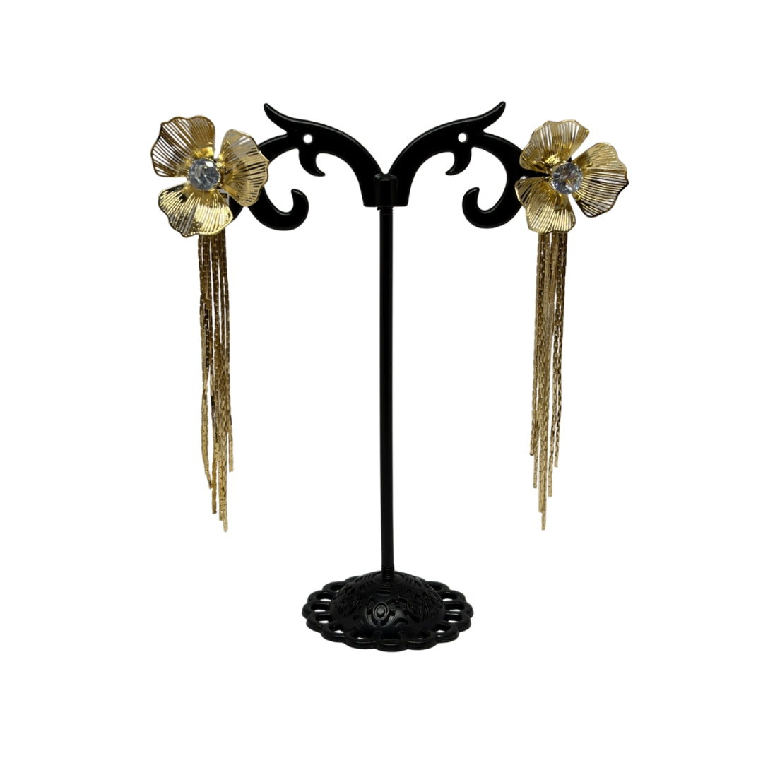 Trendy Gold Flower Long Drop Earrings for Women – Statement Crystal Floral Earrings for Party & Wedding