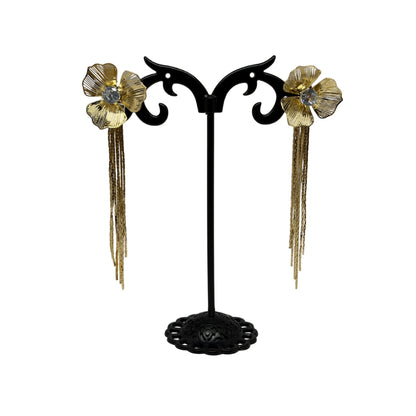 Trendy Gold Flower Long Drop Earrings for Women – Statement Crystal Floral Earrings for Party & Wedding