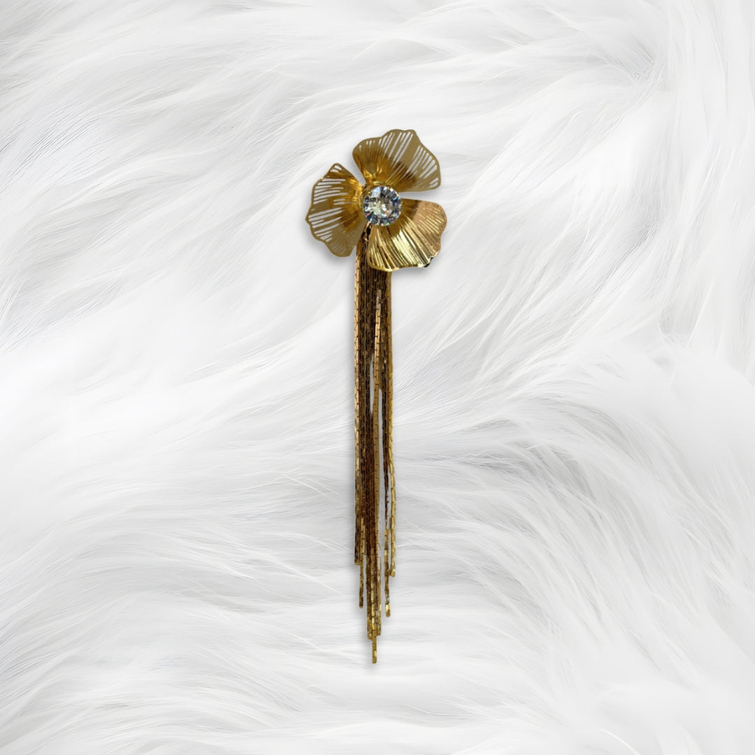 Trendy Gold Flower Long Drop Earrings for Women – Statement Crystal Floral Earrings for Party & Wedding