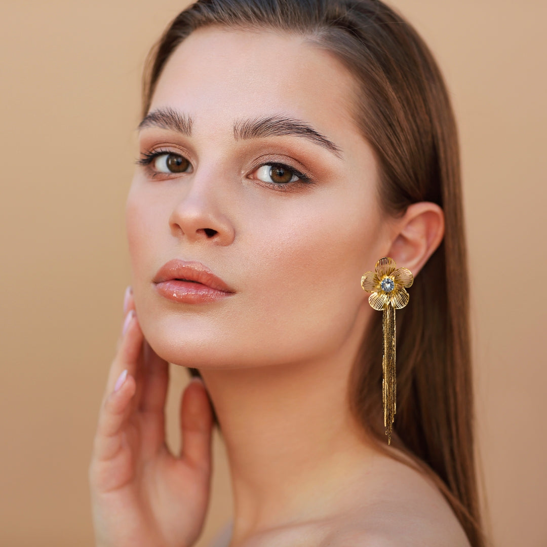 Gold Floral Long Drop Earrings for Women – Trendy Crystal Flower Design for Party & Weddings| Stylish & Trendy Earrings for Girl