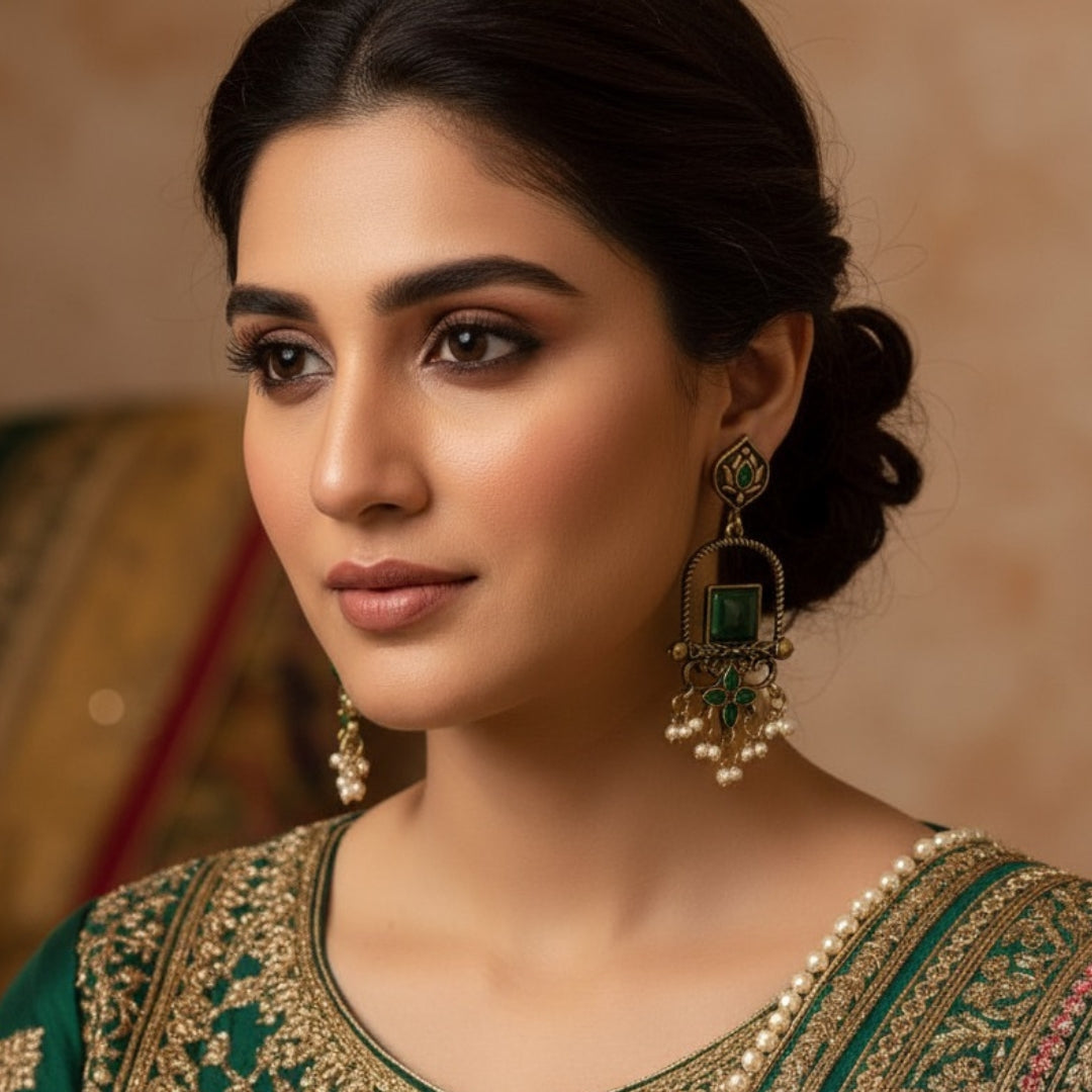 Traditional Green Stone Dangler Earrings for Women – Antique Gold Finish Ethnic Earrings with Pearl Beads for Festive & Wedding