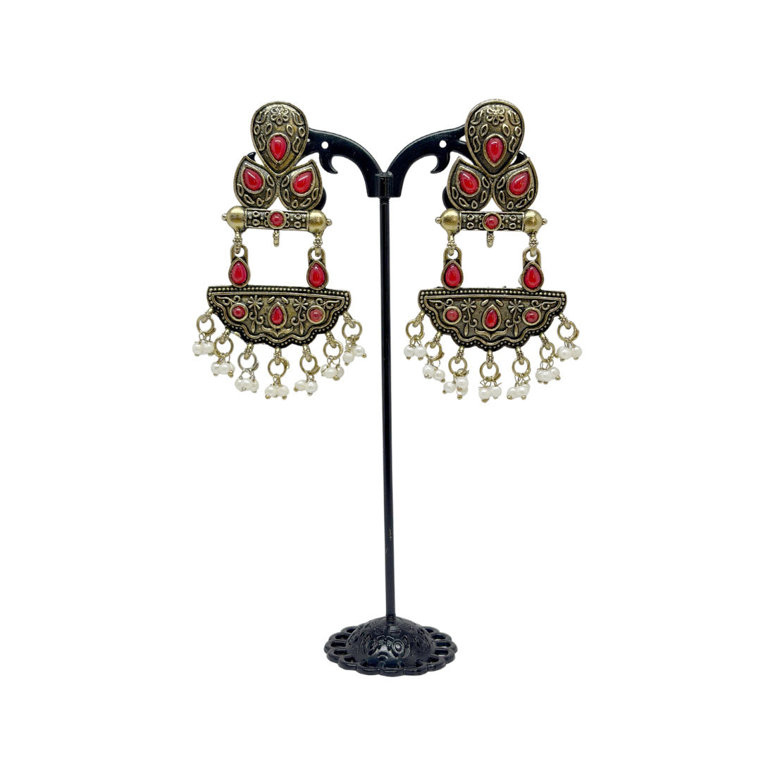 Antique Gold Red Stone Dangler Earrings for Women – Ethnic Traditional Earrings with Pearl Drops for Party & Wedding